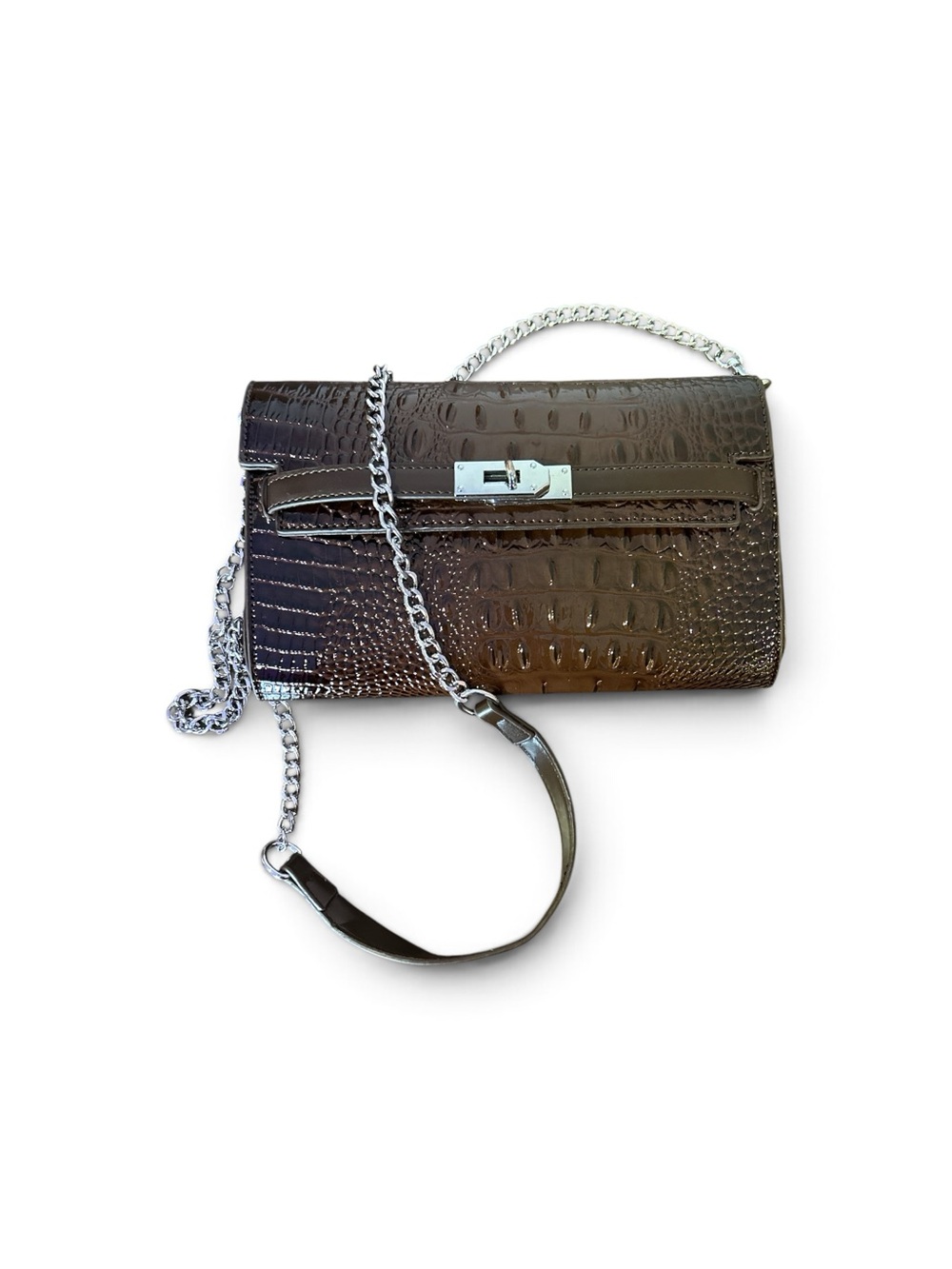 Croc-Embossed Brown Leather Fashion Crossbody Bag/wristlet with Chain Strap New